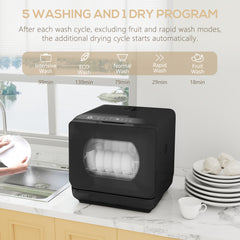 Fynco - Table Top Dishwasher with Built-in 6L Water Tank, Mini Countertop Dishwasher with 6 Programs, 4 Place Settings, Black