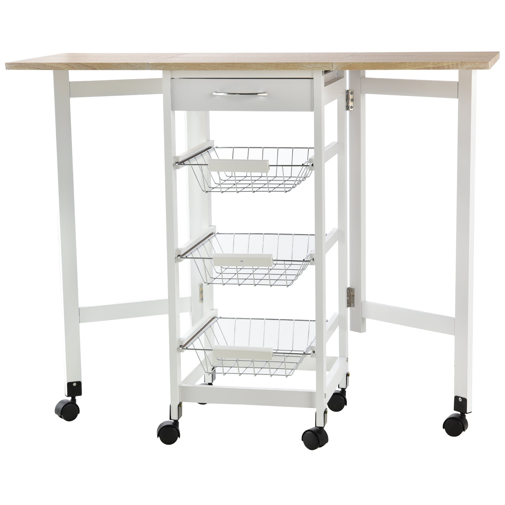 Drop-Leaf Kitchen Cart Trolley w/ 3 Baskets Drawer Surface Top 6 Universal Wheels Rolling Storage Unit Kitchen Home Dining Island White Oak Tone