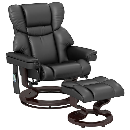 Massage Recliner Chair with Footstool, Upholstered Reclining Armchair with Adjustable Backrest, Steel Frame and Wood Base, Swivel Chair for Living Room, Bedroom, Black