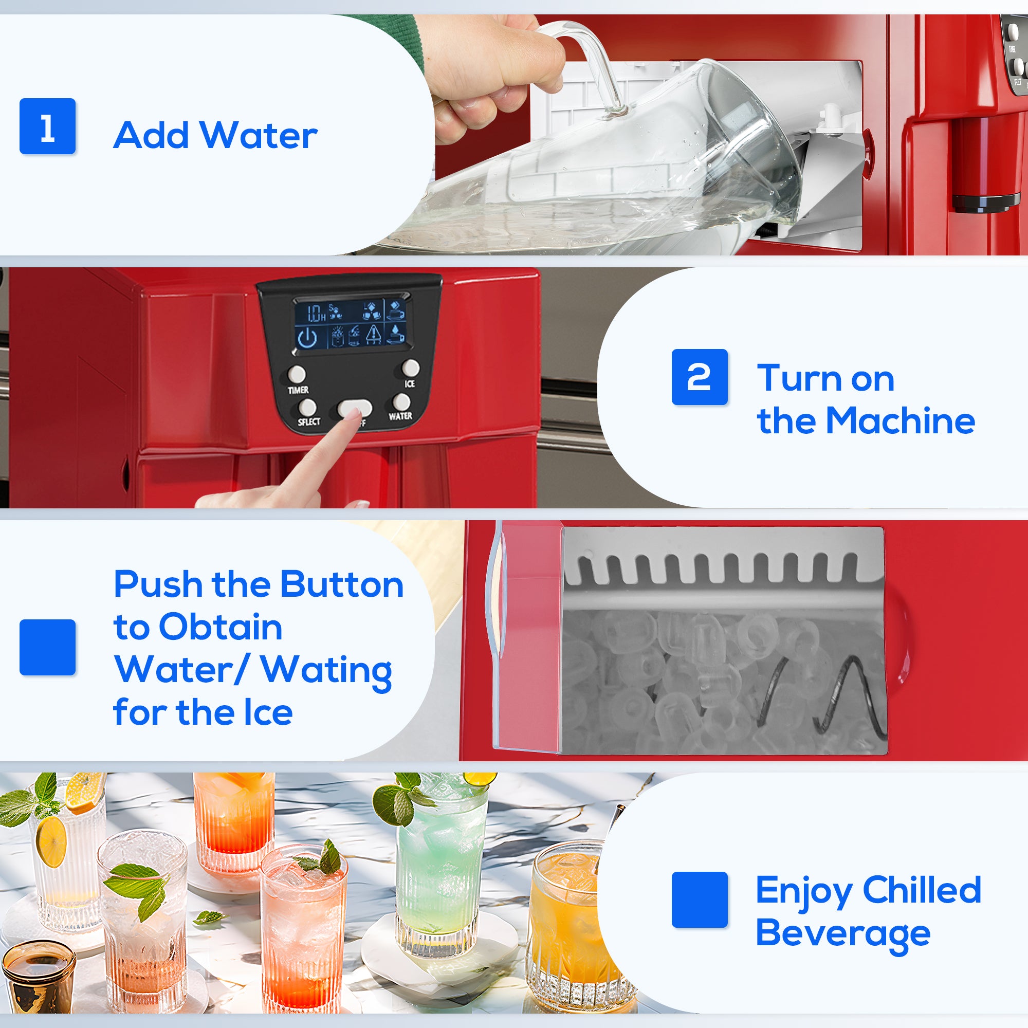 Fynco - 3L Ice Maker Machine and Water Dispenser, 12kg in 24H, 2 Sizes 9 Ice Cubes Ready in 6-10 Mins Ice Machine, Red