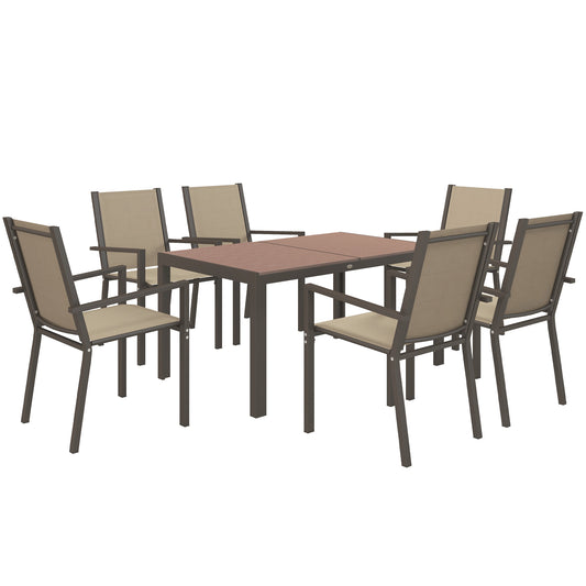 Seven-Piece Garden Dining Set, with Plastic Wood-Top Table - Brown