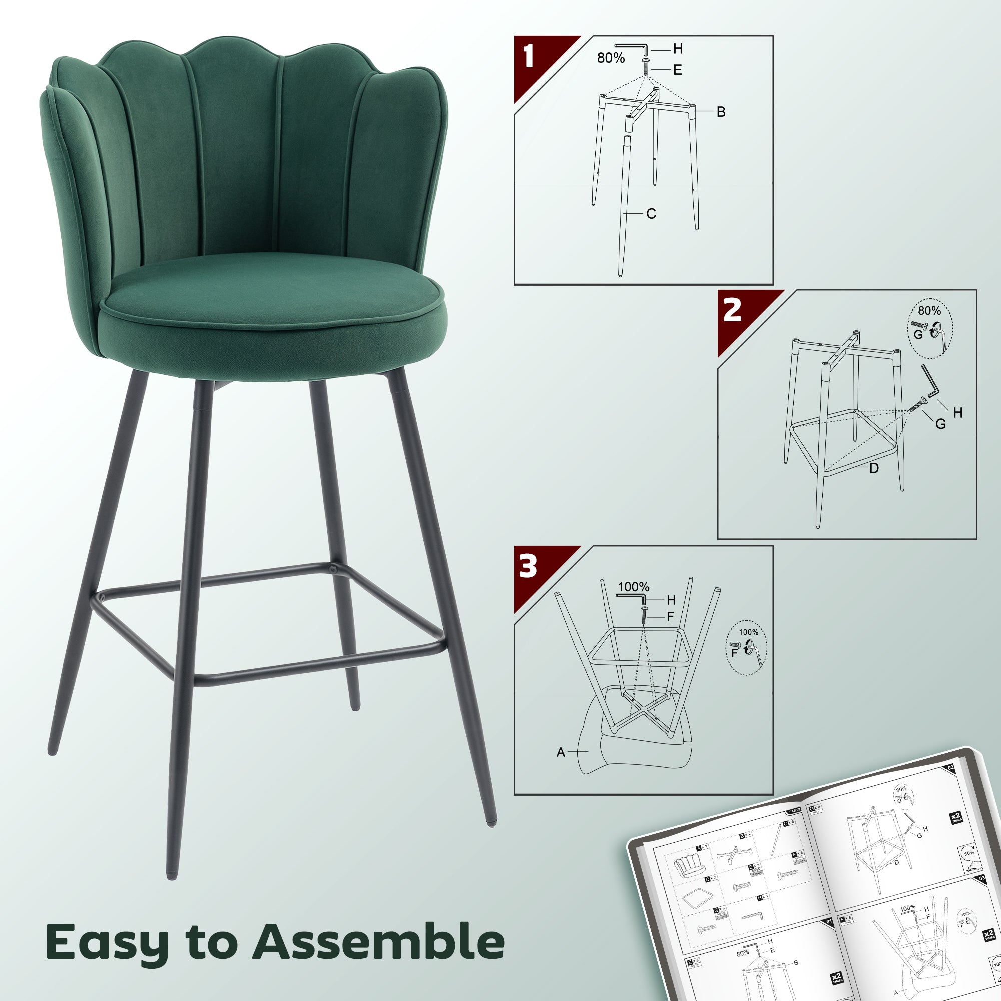 Fynco - Set of Two Velvet-Feel Lotus Bar Stools - Dark Green