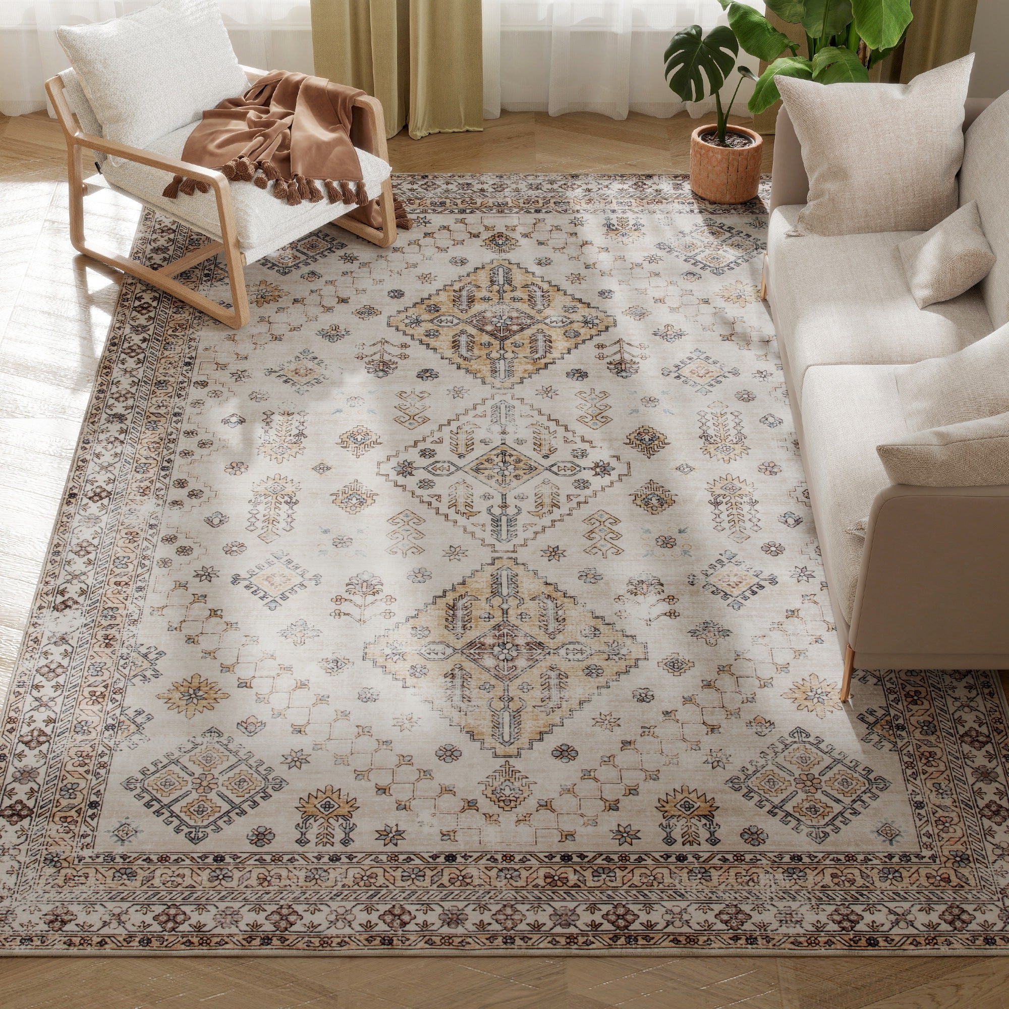 Fynco - Vintage Area Rug, Non-Slip Washable Rug, Flannel Floor Carpet for Living Room, Bedroom, Dining Room, Home Office, 290 x 200 cm, Beige