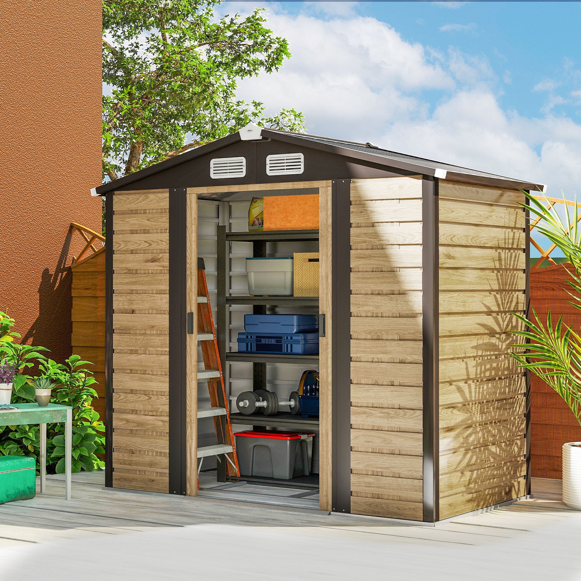 Fynco - 7 x 4ft Garden Shed, Easy to Assemble, Upgraded Galvanised Steel Frame with Foundation Kit, Double Doors with Lock, Outdoor Metal Shed with Vents and Gloves, Garden Storage Shed, Natural