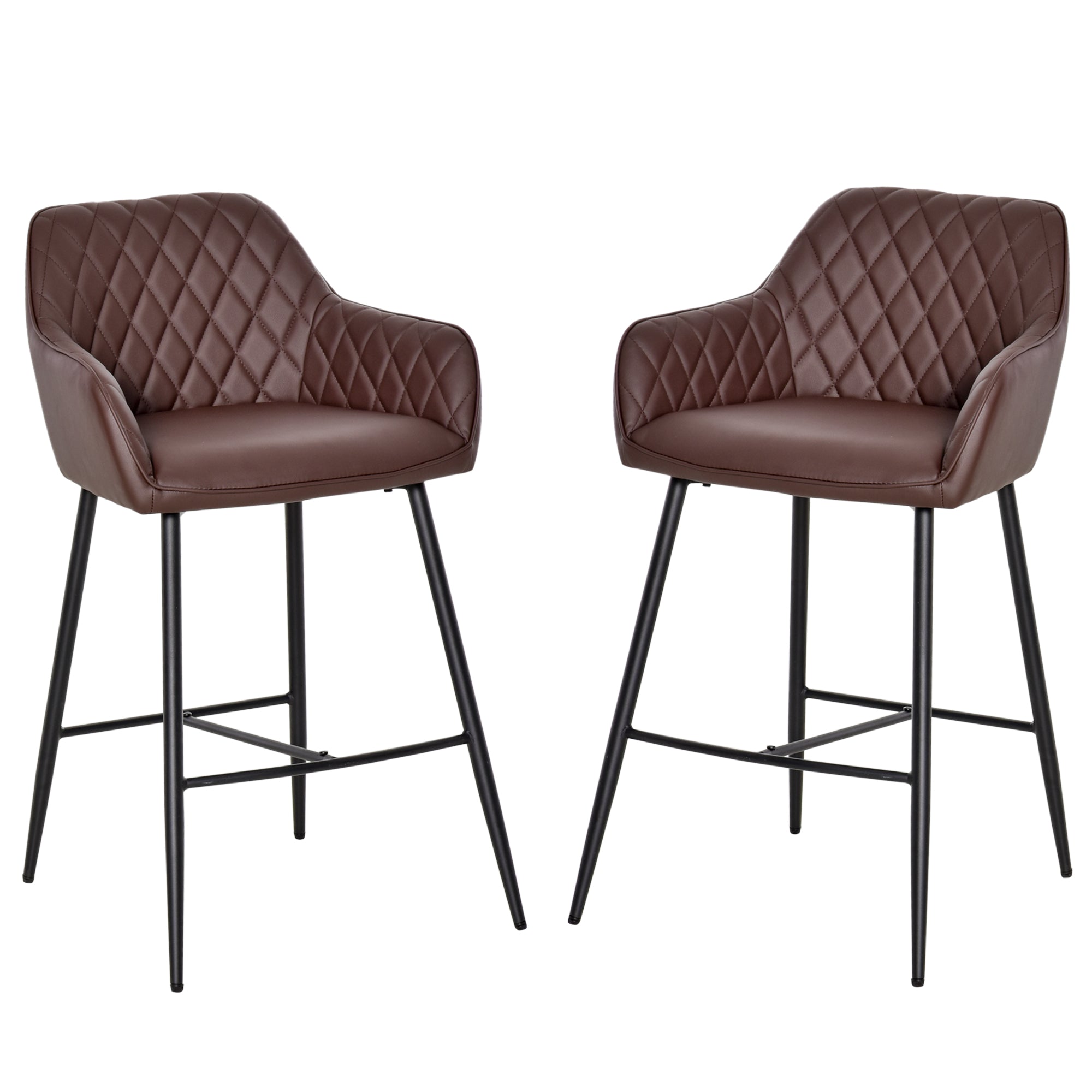 Set of 2 Bar stools Retro PU Leather Bar Chairs w/ Footrest Metal Frame Comfort Support Stylish Dining Seating Home Brown