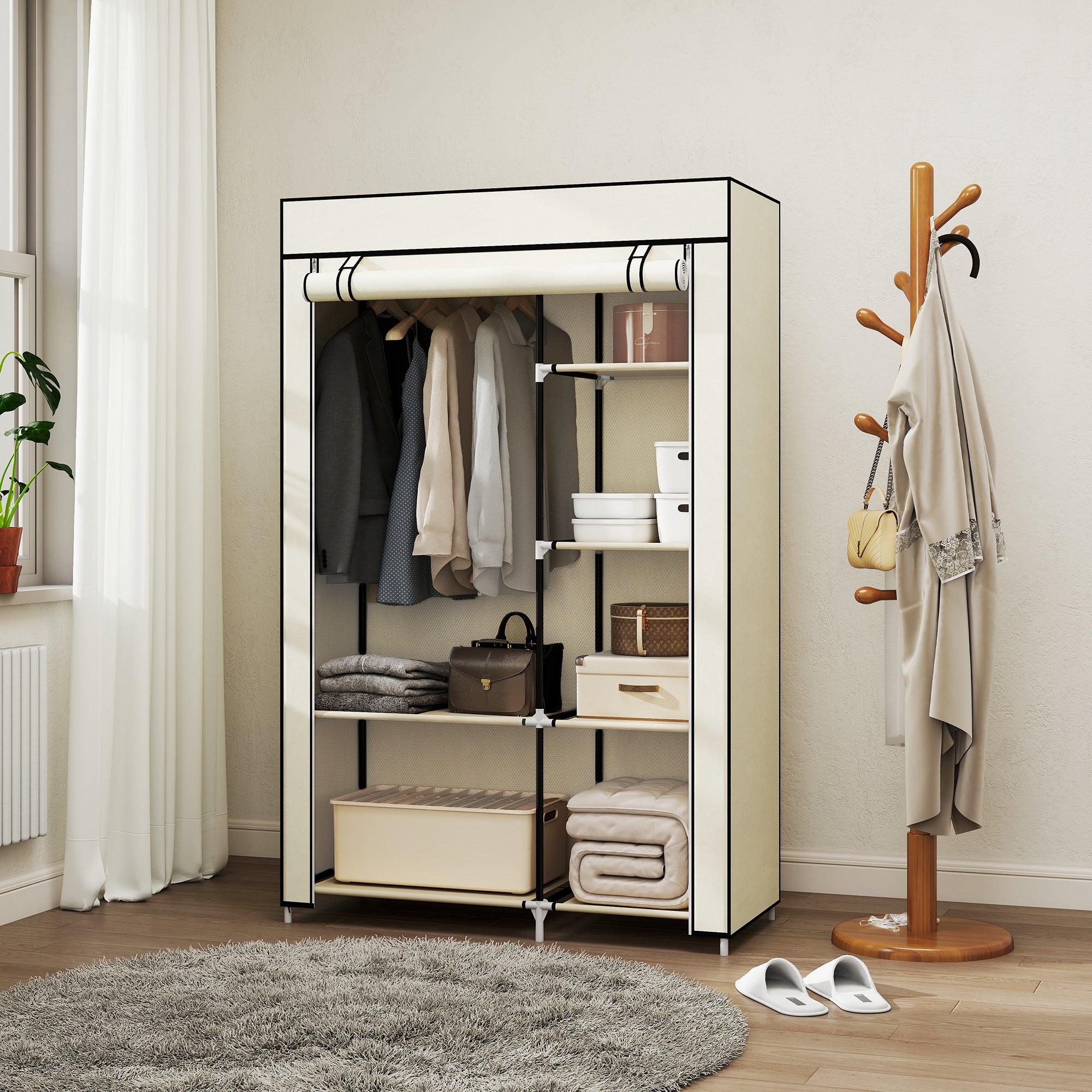 Fabric Wardrobe, Portable Wardrobe with 6 Shelves, 1 Hanging Rail, Foldable Closets, 103 x 43 x 162.5 cm, Cream White