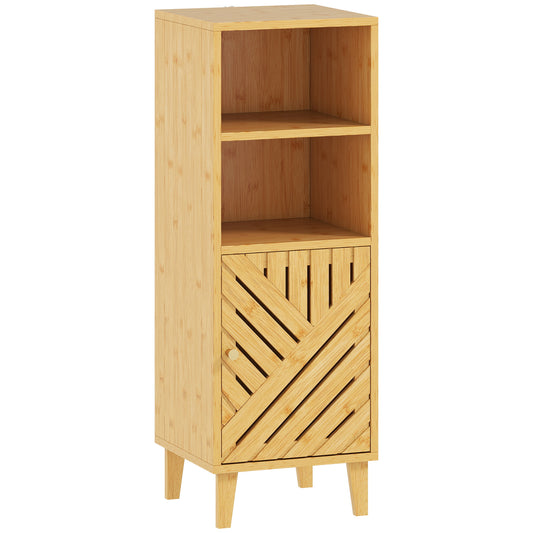 Fynco - Slim Bathroom Cabinet with Bamboo Door and Legs, Narrow Bathroom Storage Cabinet, Freestanding Storage Cupboard with Open Compartments, 32 x 30 x 90 cm, Natural Wood Finish
