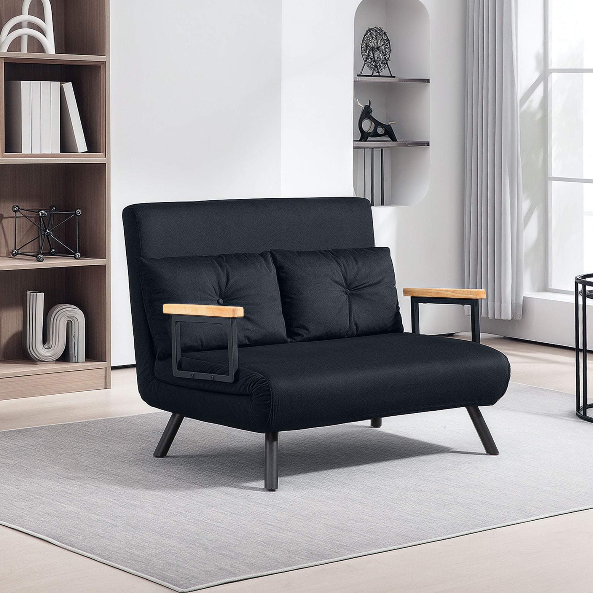 4-in-1 Velvet-Feel Double Sofa Bed, with Pillows - Black