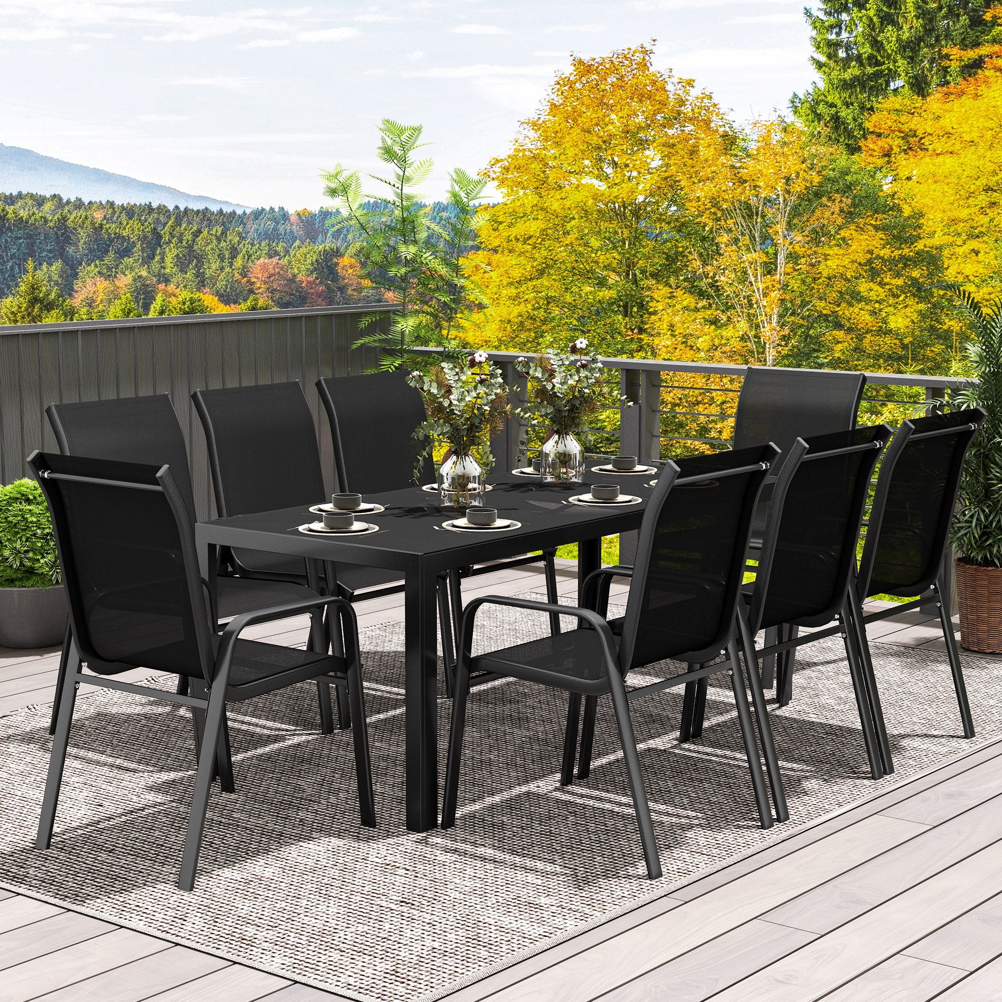 8 Seater Garden Dining Set with Stacking Chairs, Rectangular Tempered Glass Top, Garden Furniture Set, Outdoor Dining Table and Chairs for Patio, Balcony, Poolside, Black