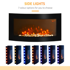 Fynco - Led Wall Mounted Fireplace Curved Glass Electric Fire Place Fire Place 7 Colour Side Lights Slimline, 1000/2000W, 89.2cm x 48cm