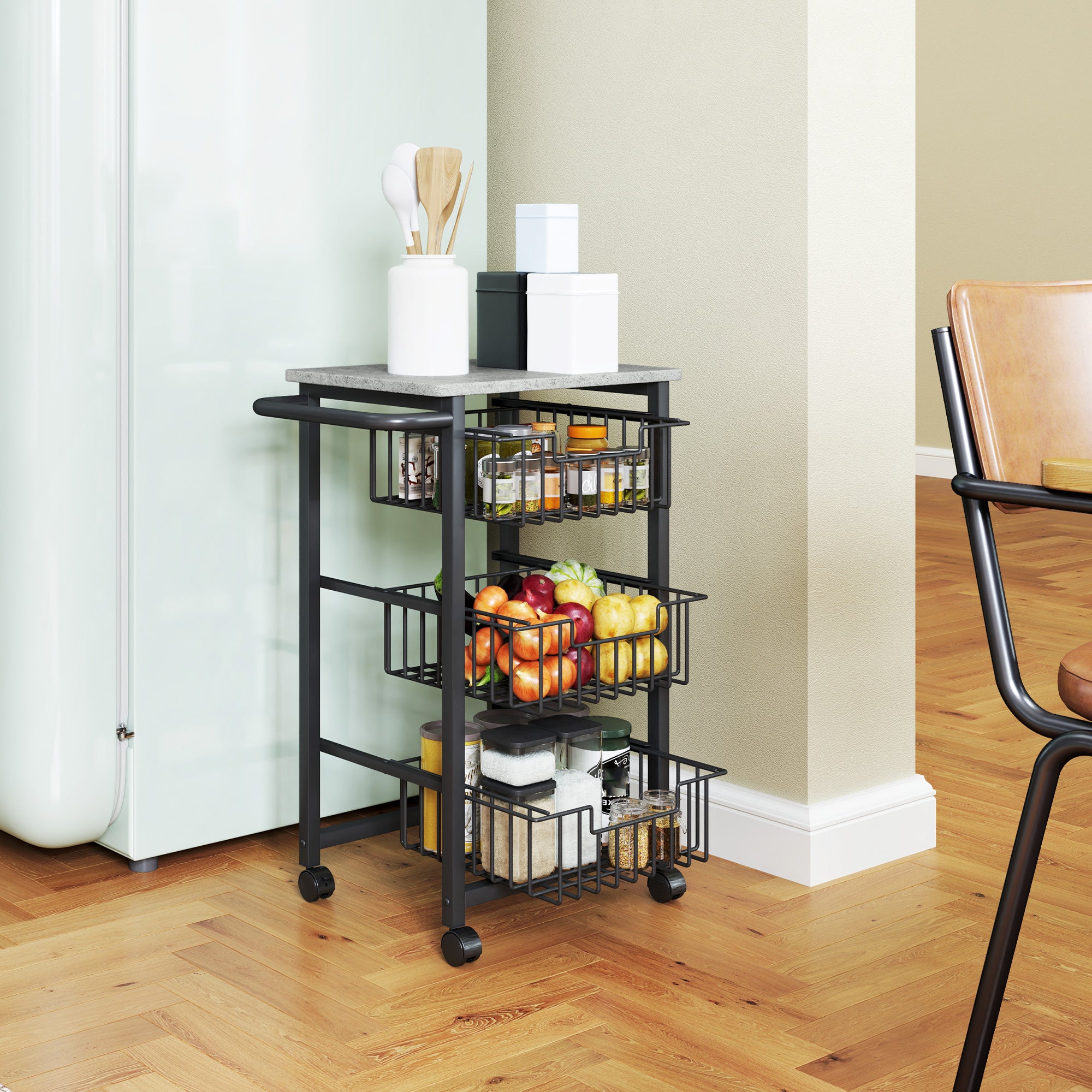 Three Basket Mobile Kitchen Island, with Brakes - Grey/Black