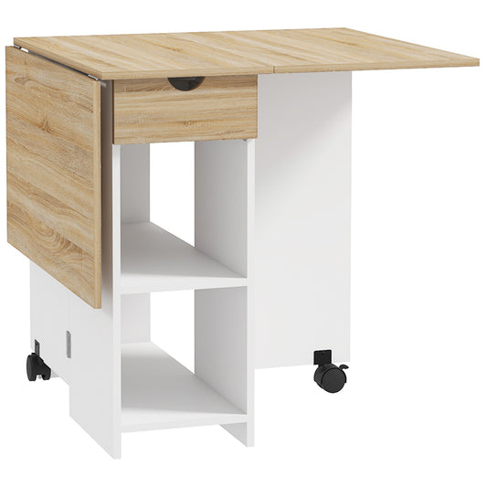 Folding Dining Table, Drop Leaf Table for Small Spaces, Foldable Table with Drawer and Storage Shelves for Kitchen, Dining Room, Oak