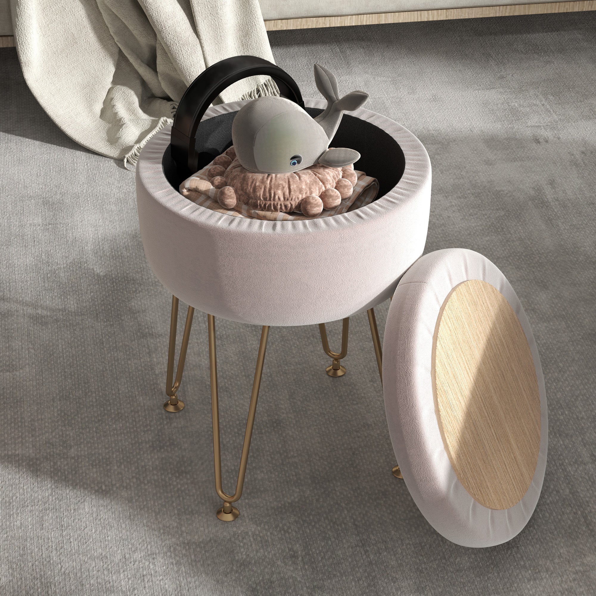 5L Velvet-Feel Storage Ottoman - Light Pink