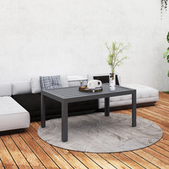 Outdoor Side Table, Rectangular Patio Coffee Side Table with Steel Frame and Slat Tabletop for Garden, Balcony, Grey