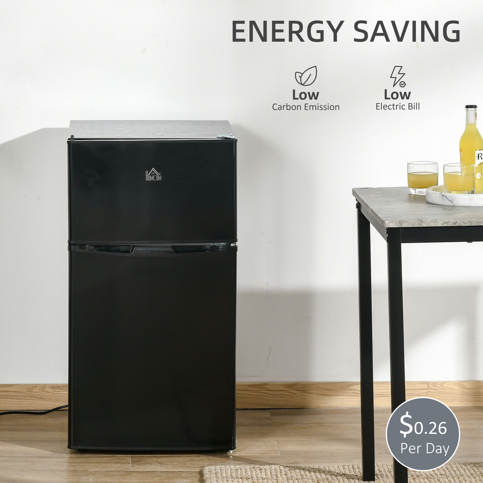 Fynco - 88L Under Counter Fridge Freezer, Small Refrigerator with 5-Setting, 3 Star Freezer Rating, Black