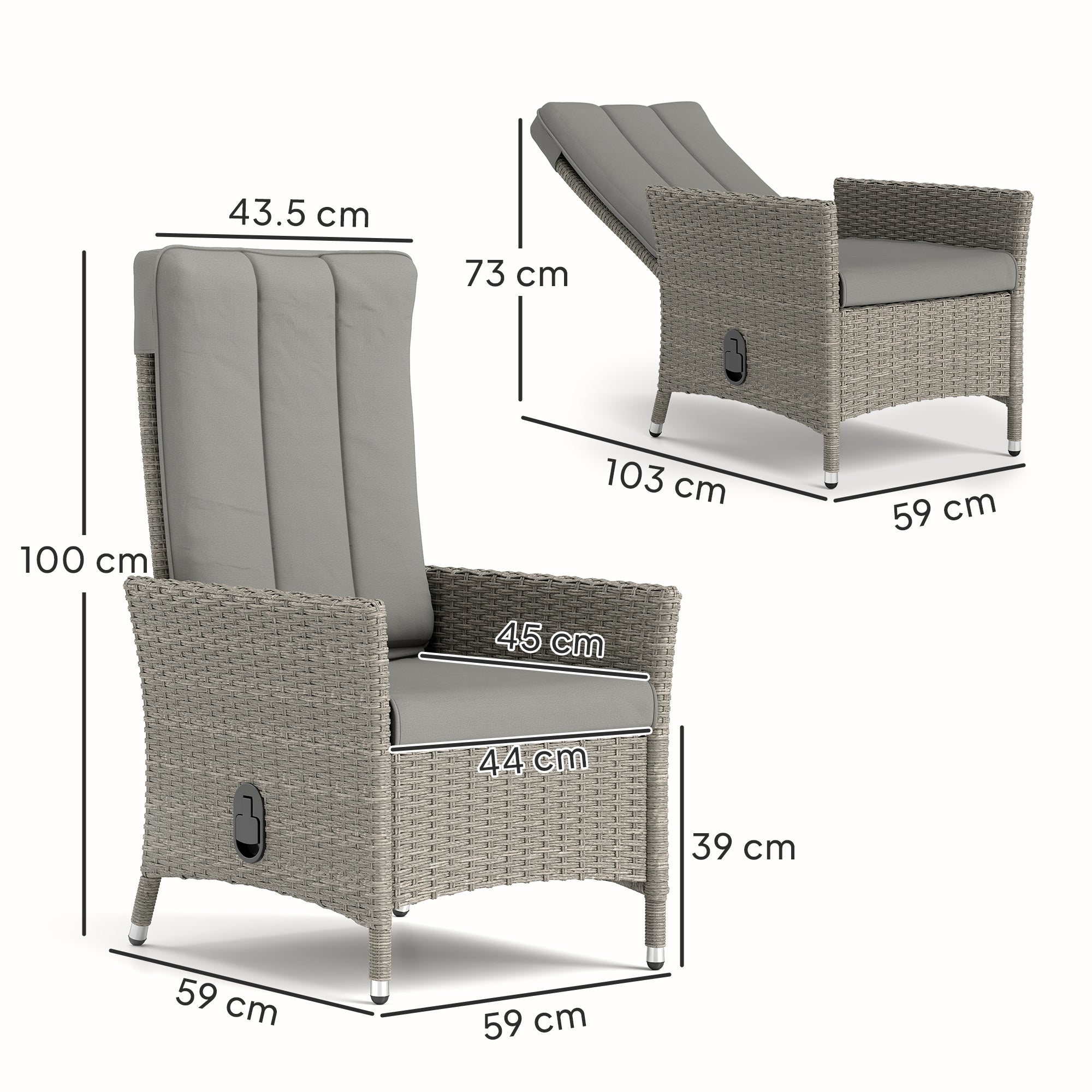 105°-150° Reclining Rattan Chair - Grey