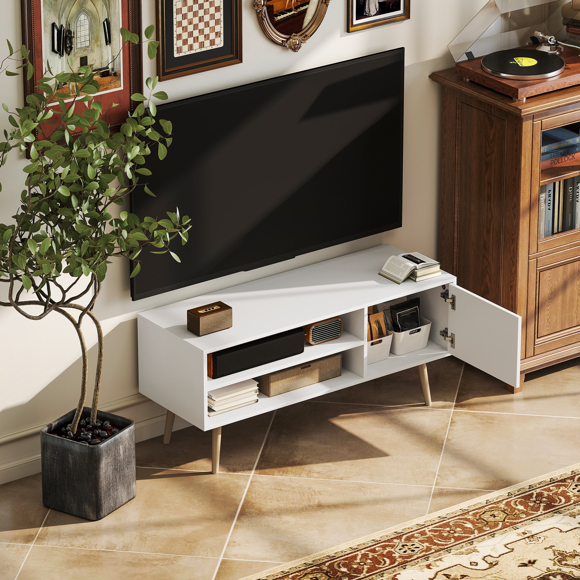 TV Stand up to 55 Inches, TV Unit with Open Shelves and Cable Holes - White