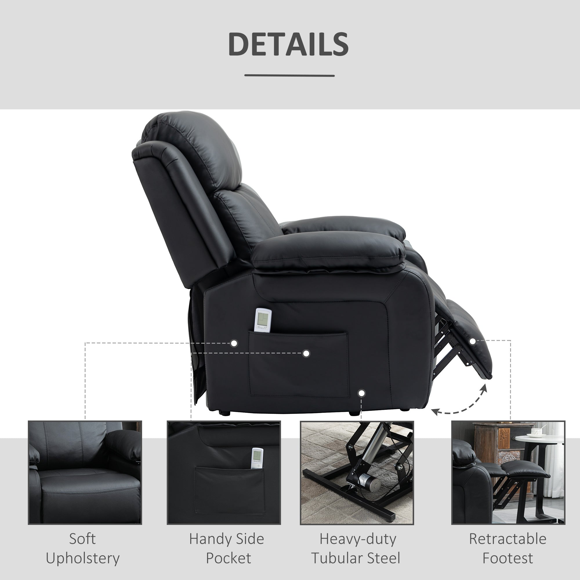 Riser and Recliner Chair with Massage, Power Lift Recliner Chair for Elderly with Remote Control, Extended Footrest, Dual Side Pockets, Overstuffed Electric Reclining Armchair, Black