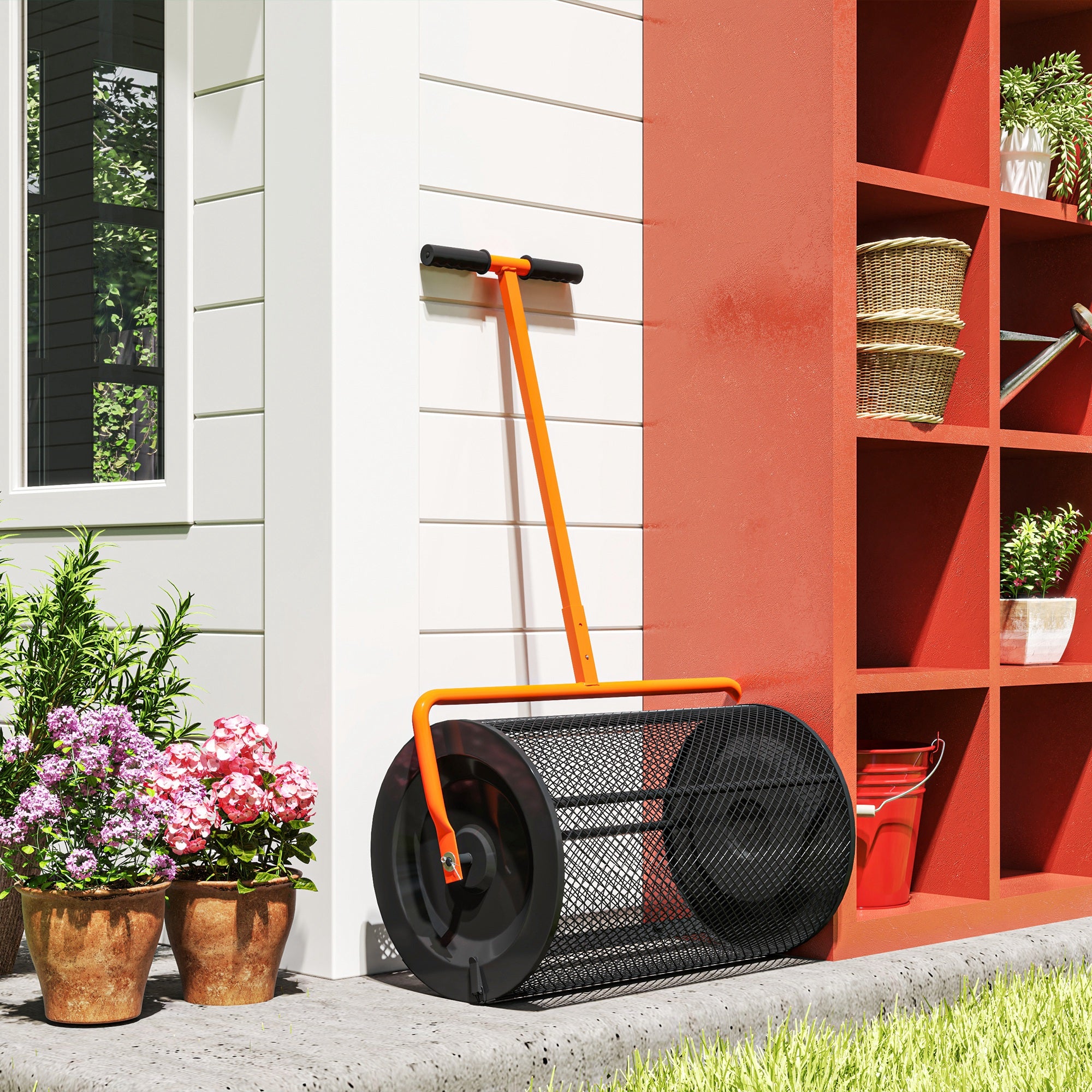 Compost Spreader, 24" Peat Moss Spreader with Height Adjustable T Shaped Handle and Metal Mesh Basket, Garden Spreader for Seeding, Spreading Manure, Orange