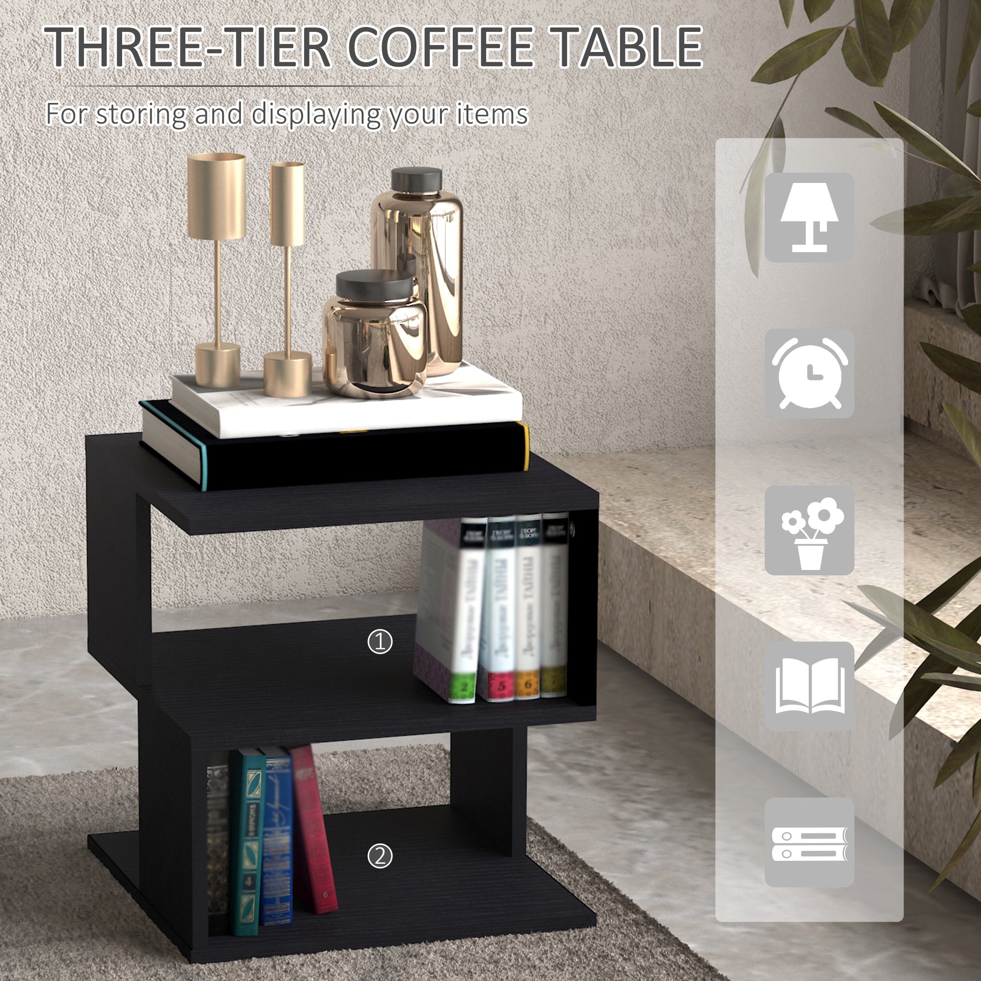 Set of 2 Side Table Square Coffee Table, Modern End Table with 2 Tier Storage Shelves for Living Room, Bedroom, Black