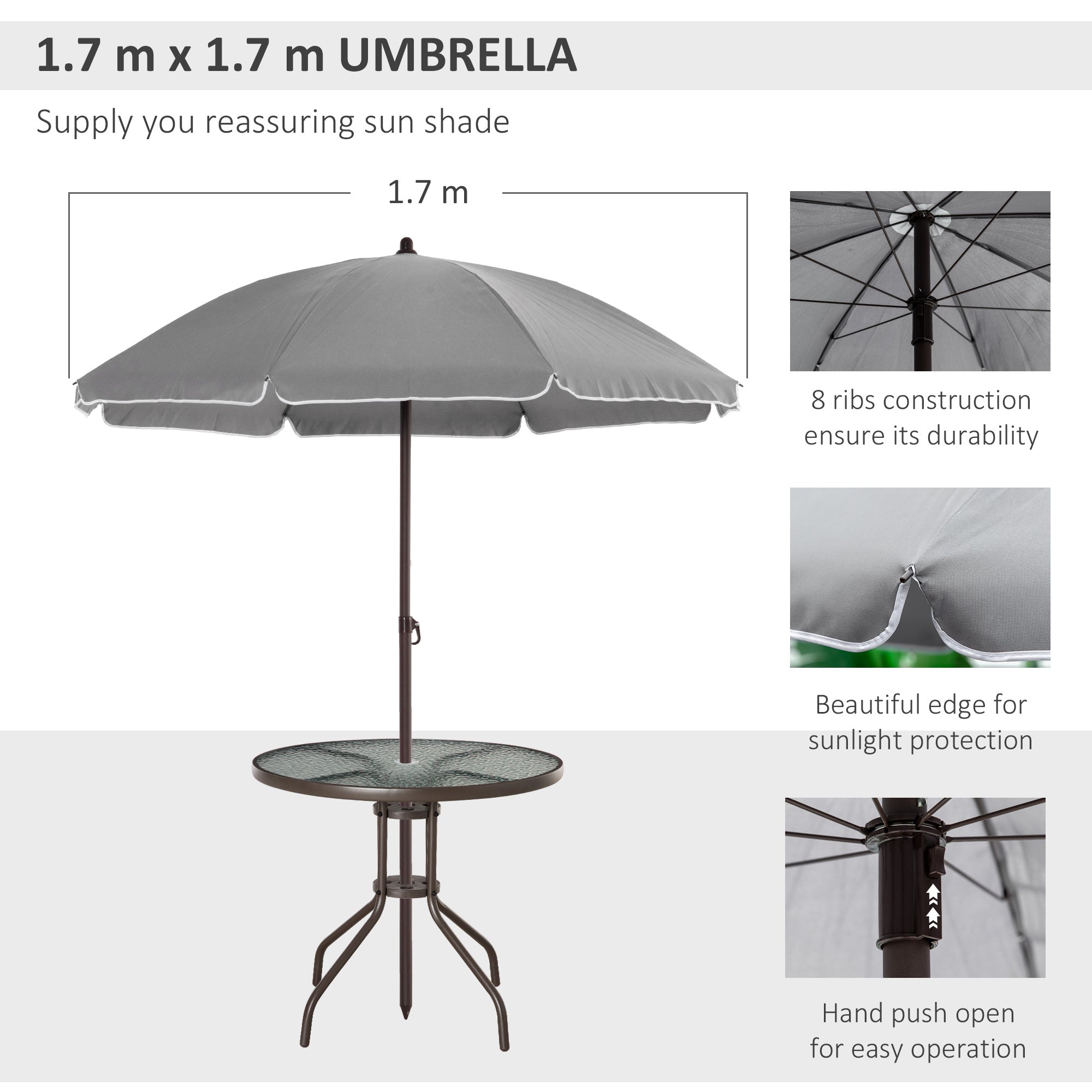 6 Piece Garden Dining Set with Umbrella, Outdoor Dining Sets with Parasol, 4 Folding Dining Chairs & Round Tempered Glass Table, Grey