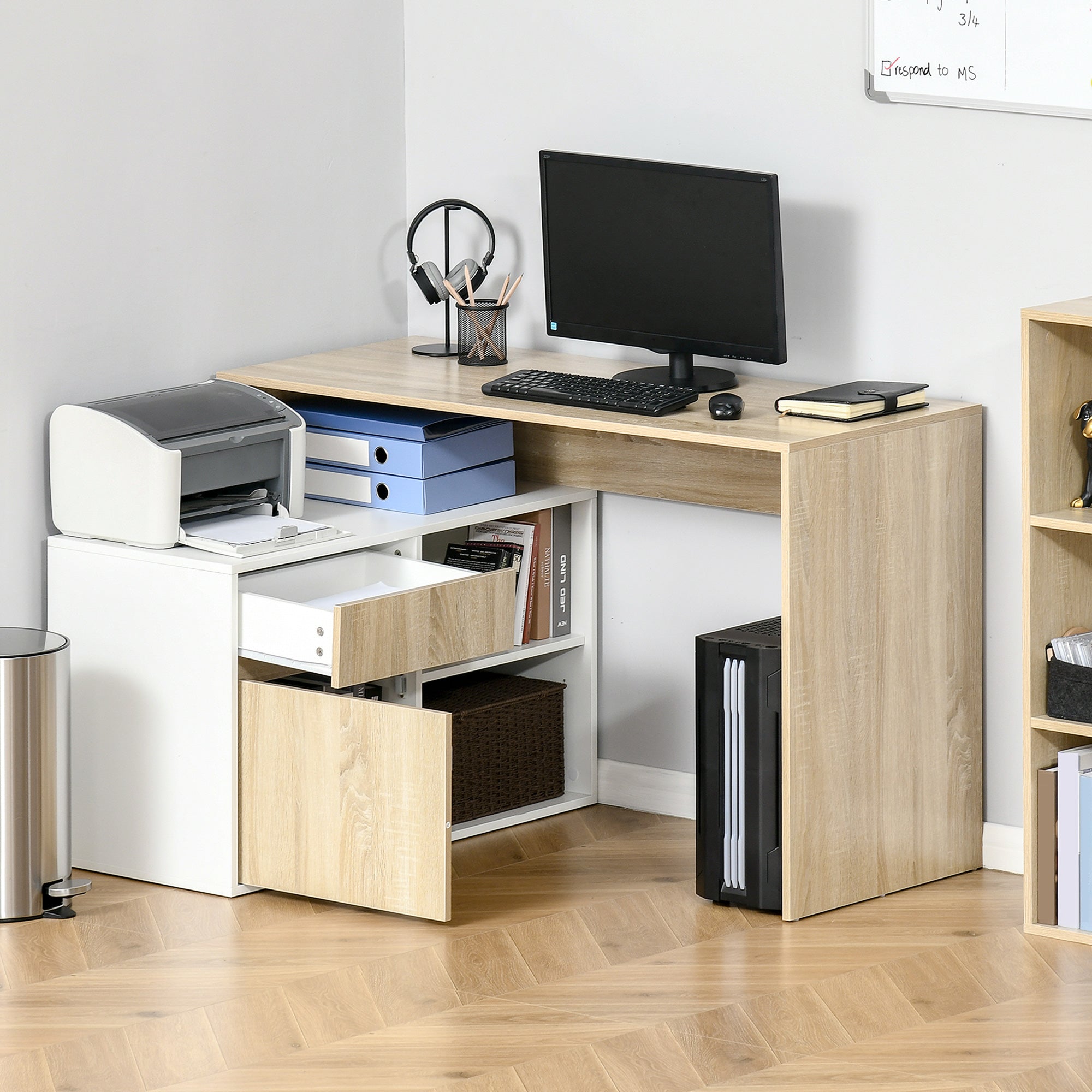 Fynco - L-Shaped Desk, Corner Computer Desk with Storage Drawer, Adjustable Shelf, Cabinet for Home Office and Study, 120 x 92 x 75cm, Oak and White