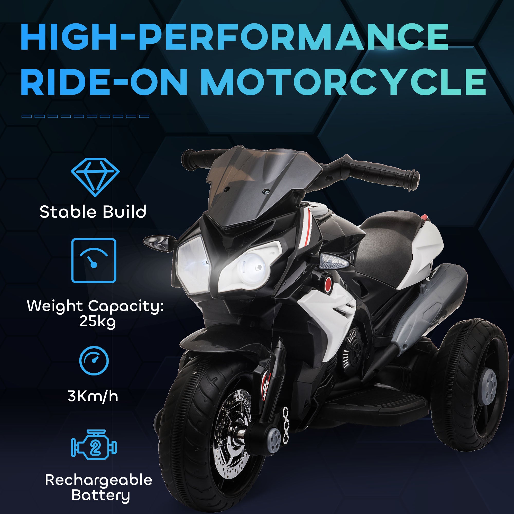 Kids Electric Motorcycle Ride-On Toy, with Three Wheels, Music, Horn, Lights