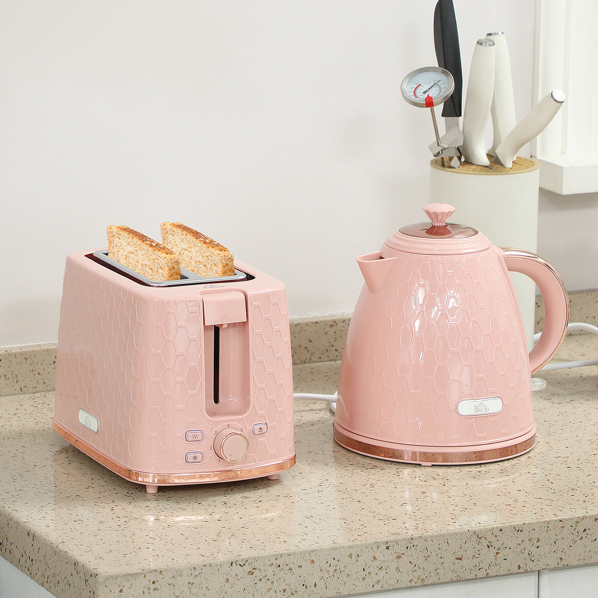 1.7L 3000W Fast Boil Kettle & 2 Slice Toaster Set, Kettle and Toaster Set with Auto Shut Off, Browning Controls, Light Pink