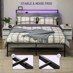 Double Steel Bed Frame, with LED Lights and Headboard Shelf - Grey