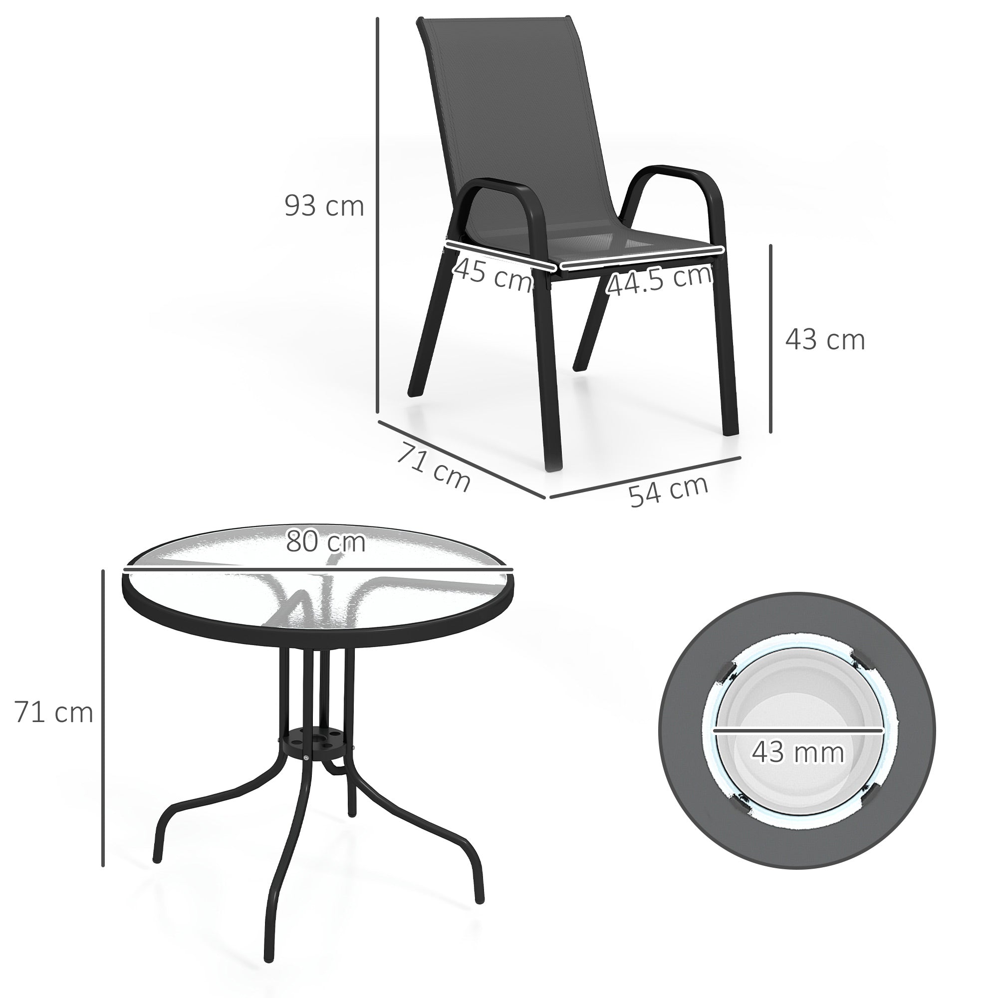 Five-Piece Steel Patio Set, with Glass-Top Table - Black