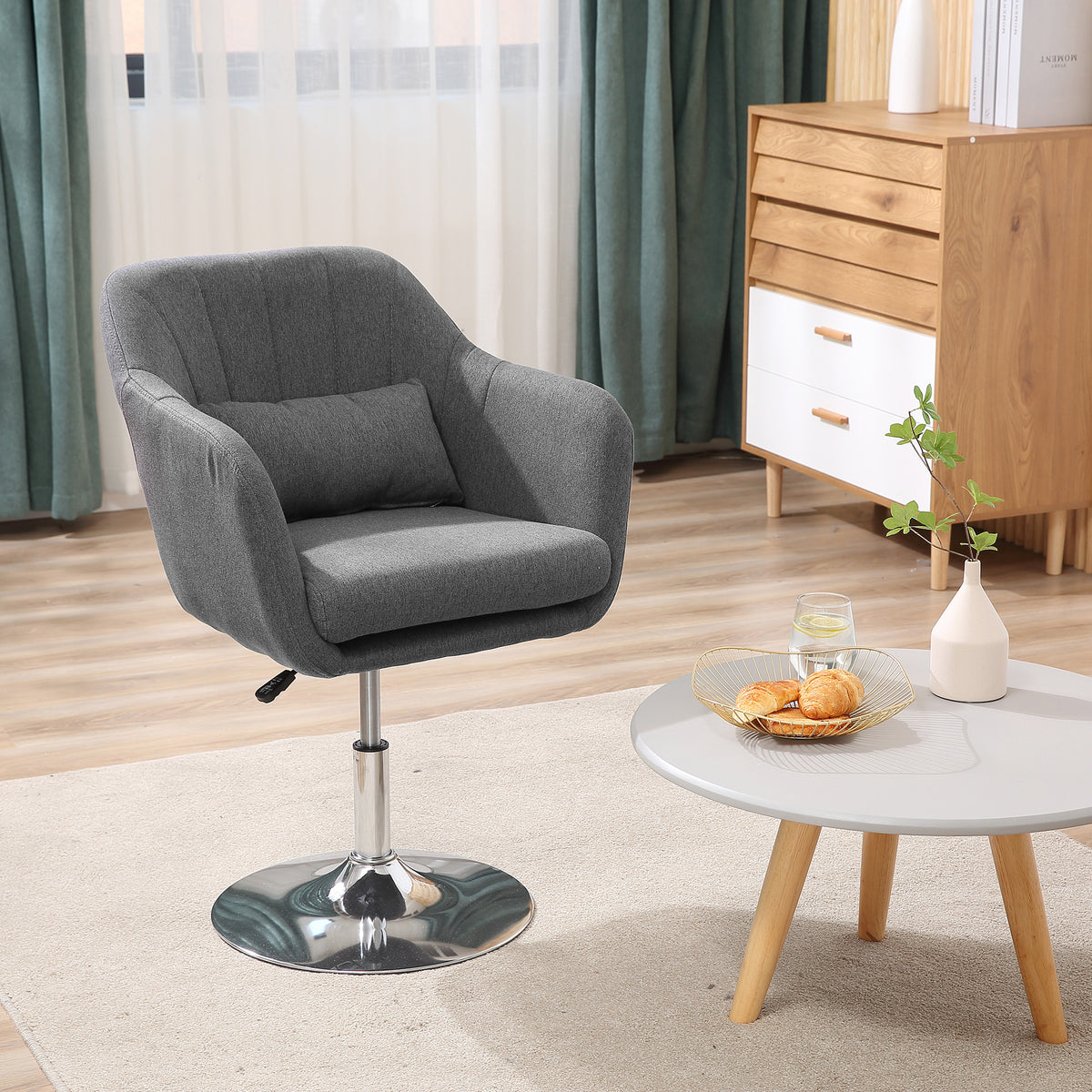 Swivel Linen Fabric Accent Chair for Living Room Contemporary Vanity Armchair with Adjustable Height Thick Cushion Lumbar Support Armrest for Bedroom Office Dark Grey