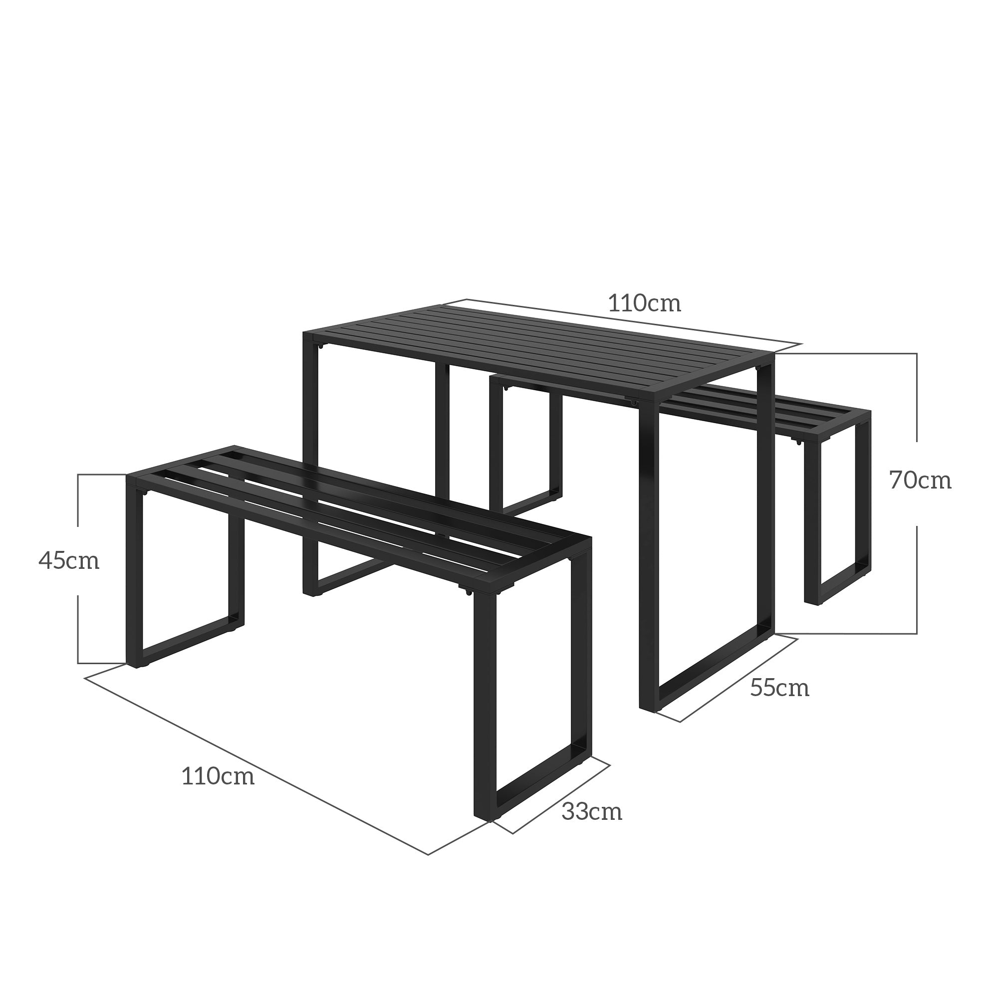 3 Pieces Picnic Bench Set with Table and 2 Benches, Slated Design Dining Trestle Beer Table and Seat, Black