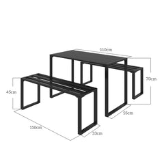 3 Pieces Picnic Bench Set with Table and 2 Benches, Slated Design Dining Trestle Beer Table and Seat, Black