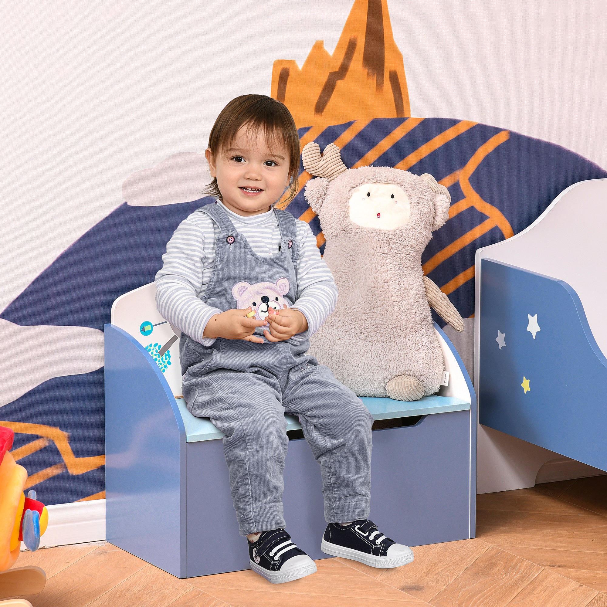Kids Wooden Toy Box Children Storage Chest Bench Organiser Safety Hinge Bedroom Playroom Furniture Blue