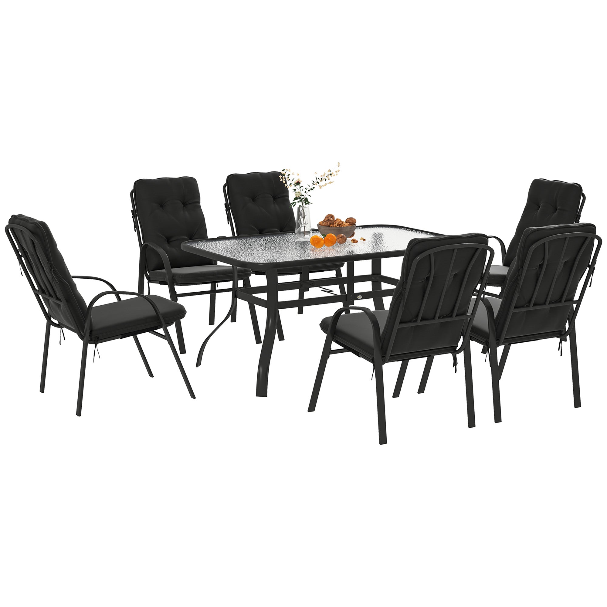 Seven-Piece Garden Dining Set with Cushions - Black