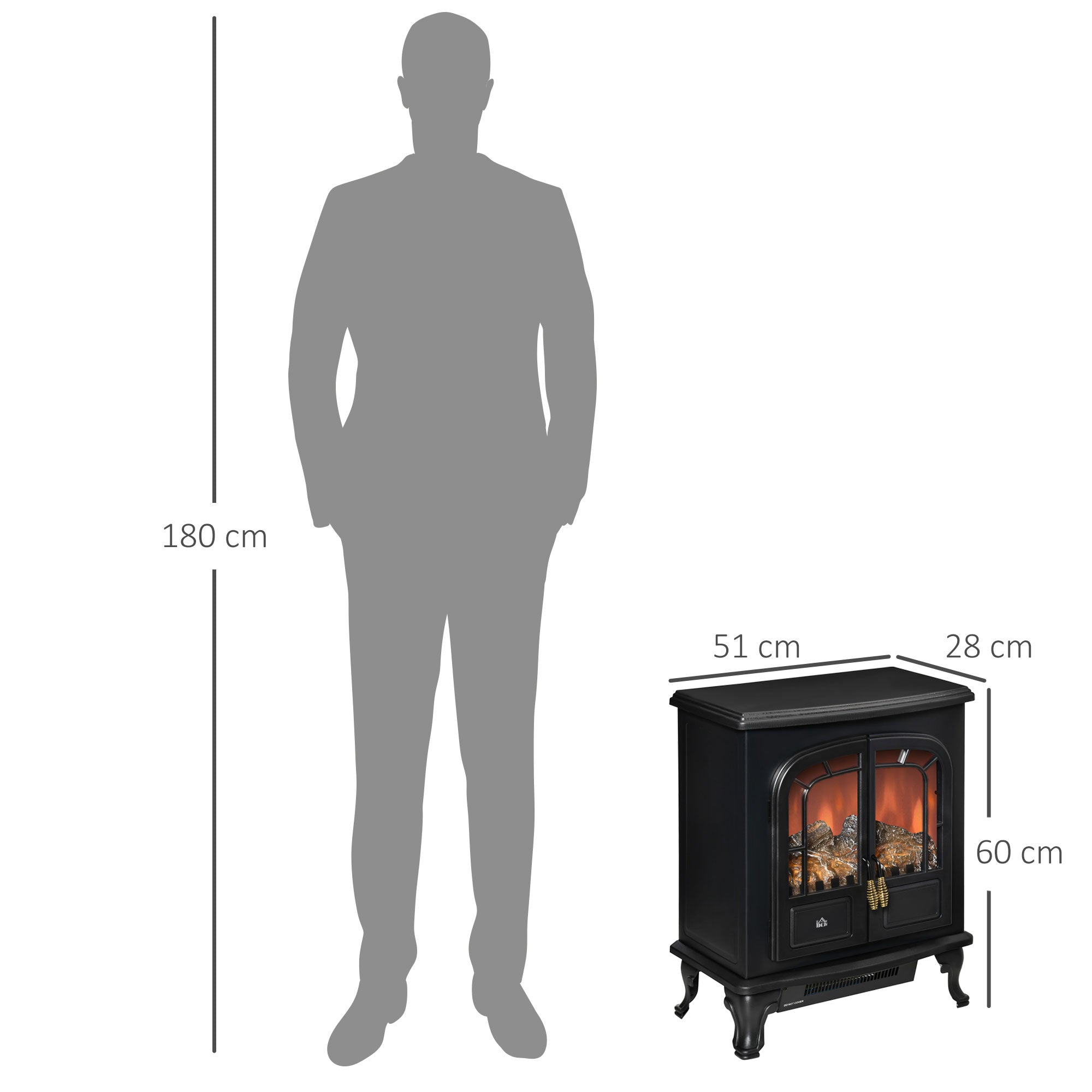 Fynco - Electric Fireplace Stove Heater with LED Fire Flame Effect, Double Door, Freestanding & Portable with Overheat Protection, 1000W/2000W, Black