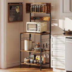 Fynco - Bakers Rack with Power Outlet, USB Charger, Microwave Stand with Adjustable Shelves, 5 Hooks for Small Spaces, Kitchen Storage Unit for Spices, Pots and Pans, Rustic Brown