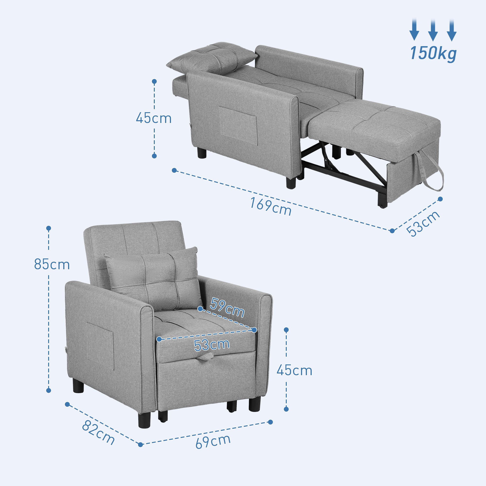 Linen-Look Single Chair Bed - Light Grey