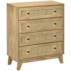 Storage Cabinet, 4-Drawer Unit with Rattan Element for Bedroom, Living Room, 80cmx35cmx95cm, Wood Effect