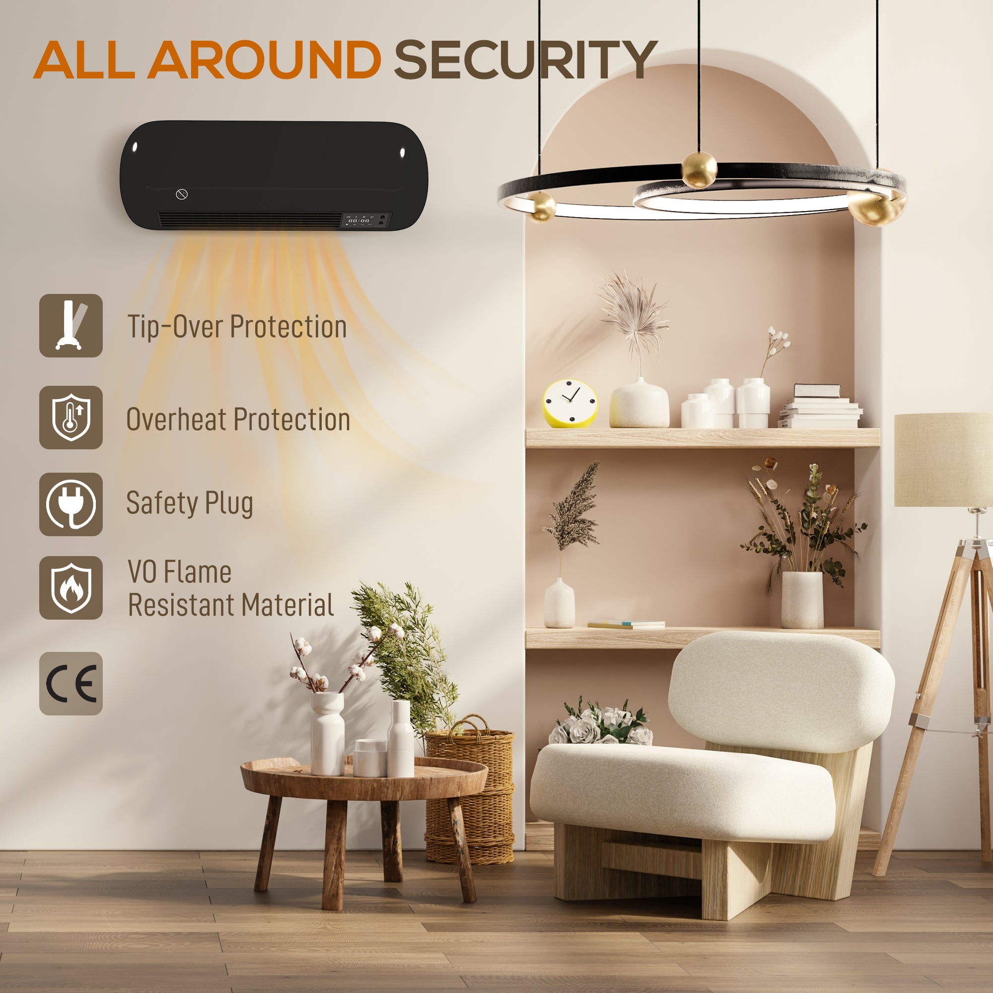 Fynco - 2000W Ceramic Electric Heater with Fan, Adjustable Thermostat, Wall Mounted - Black