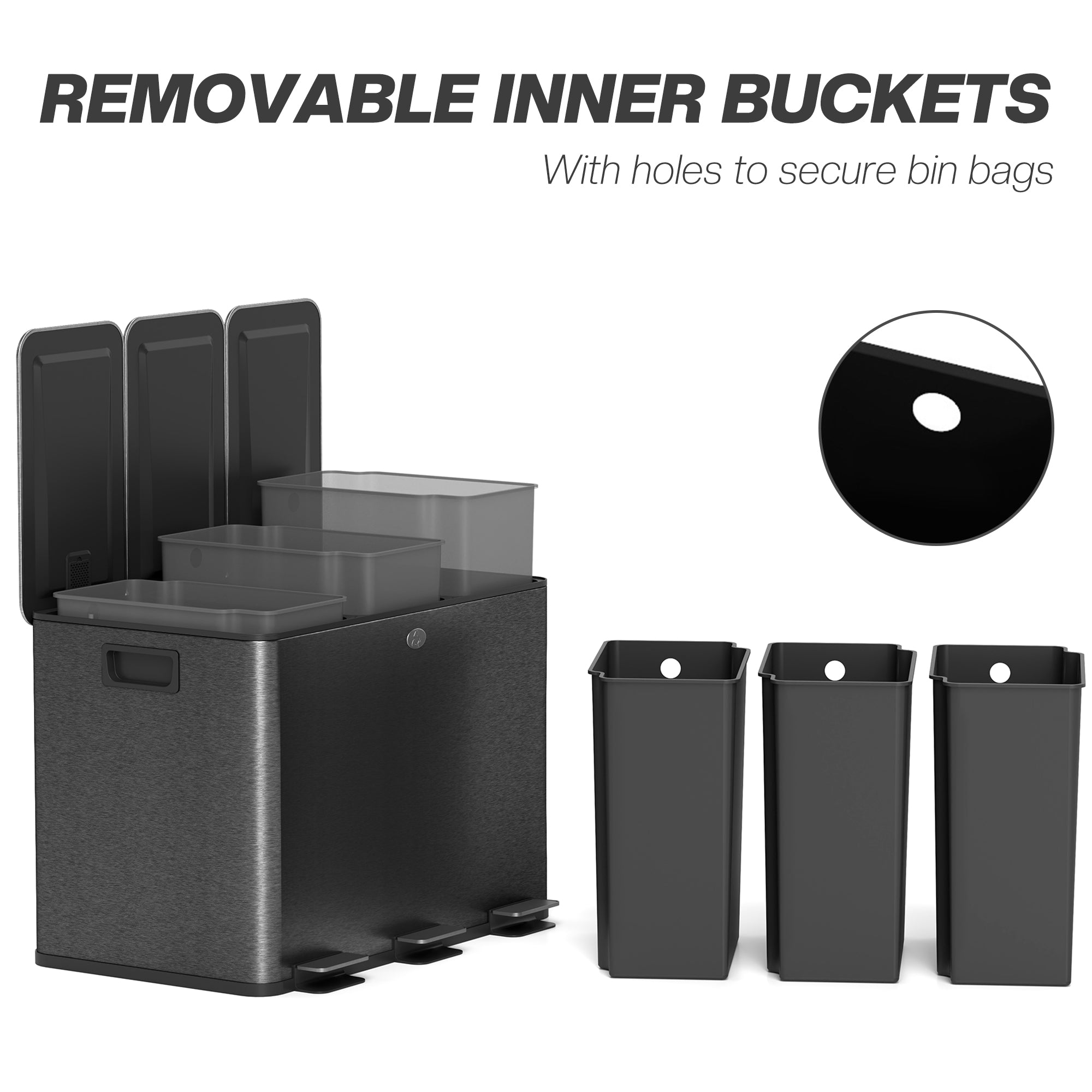 Fynco - 3 x 20L Pedal Bin, Steel Triple Kitchen Bin with Soft Close Lid, Removable Inner Buckets, Fingerprint-Proof, Black
