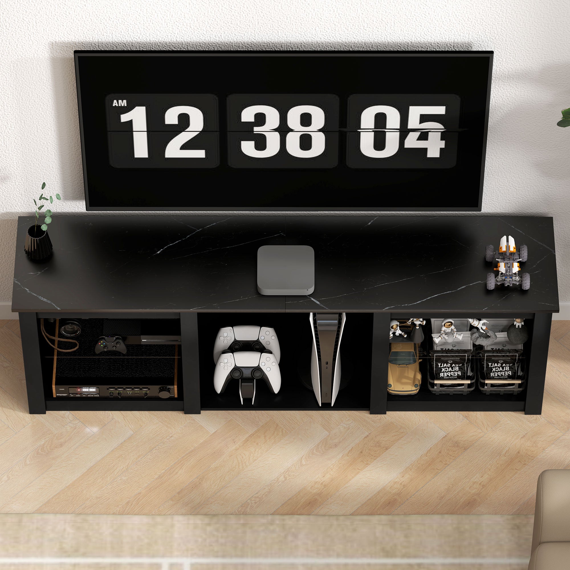 65" TV Stand, with LED Lights and Storage - Black