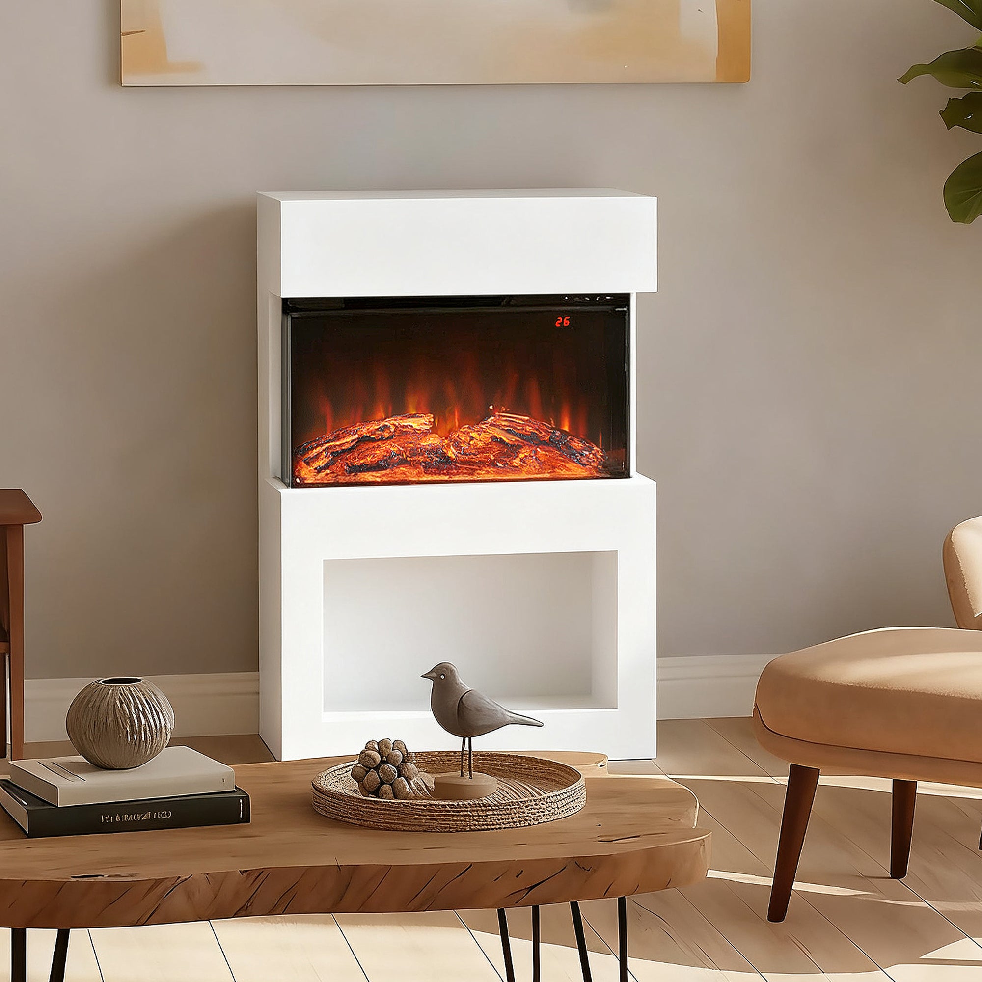 Fynco - Electric Fireplace with 3D Flame Effect, 6 Colours & 3 Brightness Levels, 1000W/2000W White Electric Fire and Mantel Reach up to 30㎡ Space with Remote & Timer, 3 Sided View for Living Room