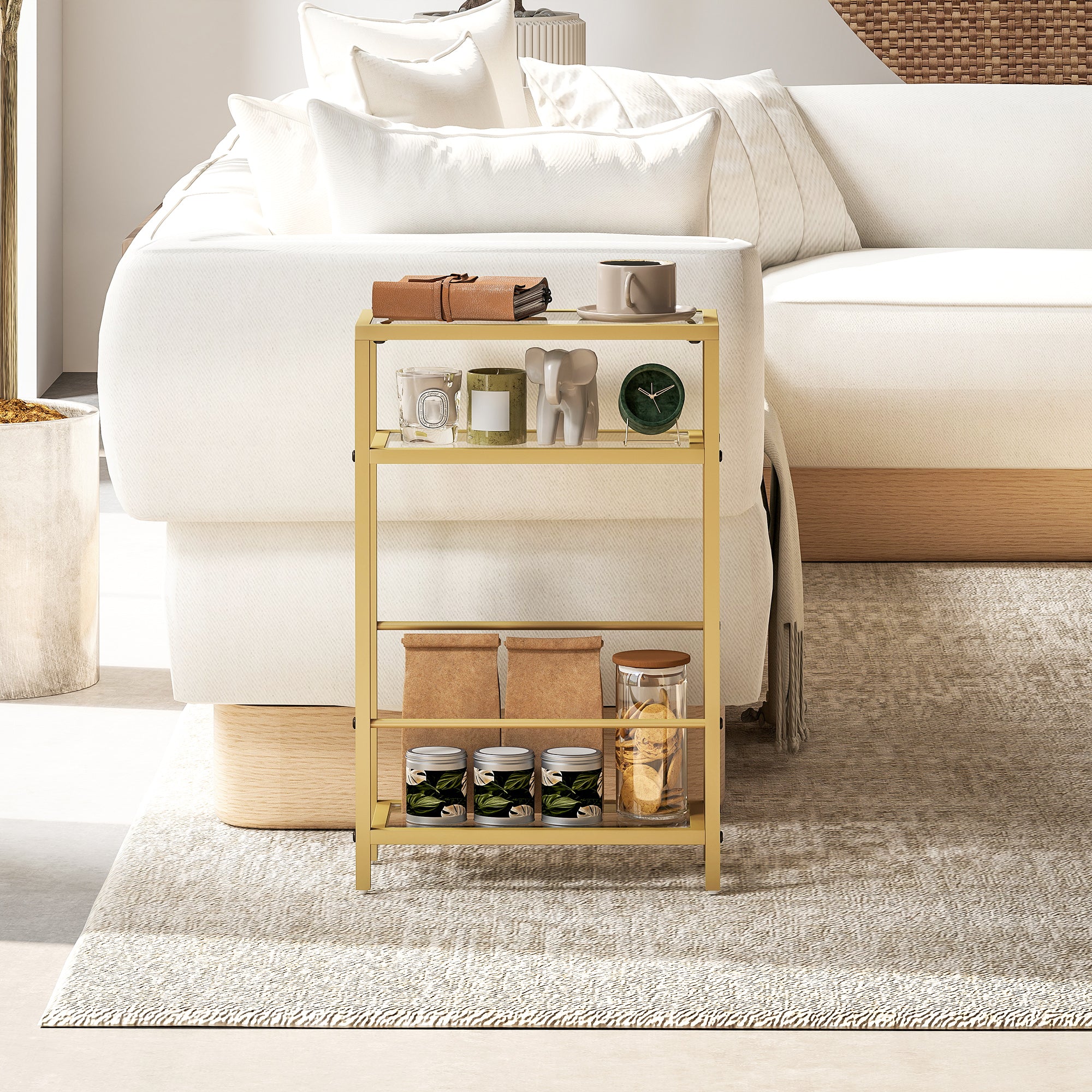 3-Tier Side Table, Narrow End Table with Storage Shelf and Tempered Glass Tabletop for Small Spaces, Bedroom, Living Room, Entryway, Gold Tone