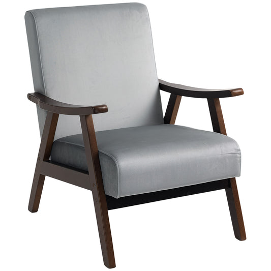 Nordic Accent Chair, Upholstered Velvet Armchair with Solid Wood Frame and Soft Thick Padded for Living Room, Bedroom, Grey