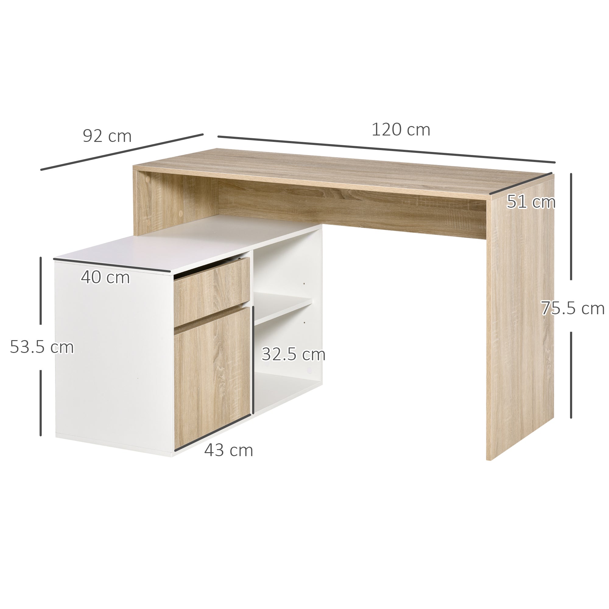 Fynco - L-Shaped Desk, Corner Computer Desk with Storage Drawer, Adjustable Shelf, Cabinet for Home Office and Study, 120 x 92 x 75cm, Oak and White