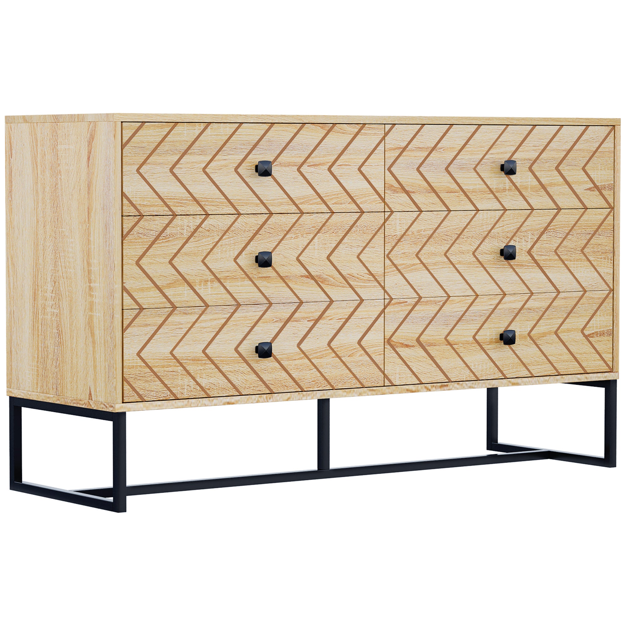Bedroom Chest of Drawers, 6 Drawer Dresser, Sideboard Cabinet with Zigzag Design and Metal Base, Storage Drawer Unit, 120x71cm, Natural