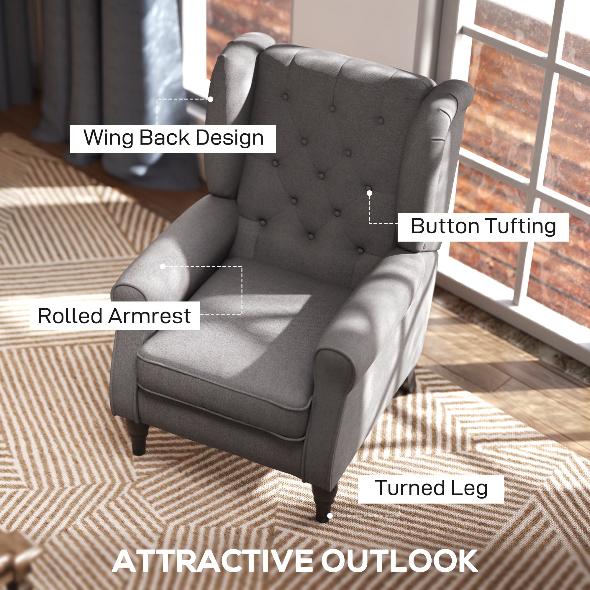 Retro Accent Chair, Linen Wingback Armchair with Wood Frame Button Tufted Design for Living Room Bedroom, Dark Grey
