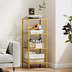 Fynco - 4-Tier Shelving Unit, Glass Shelf, Vertical Storage Shelf for Living Room, Home Office, Bedroom, Bathroom, Gold Tone