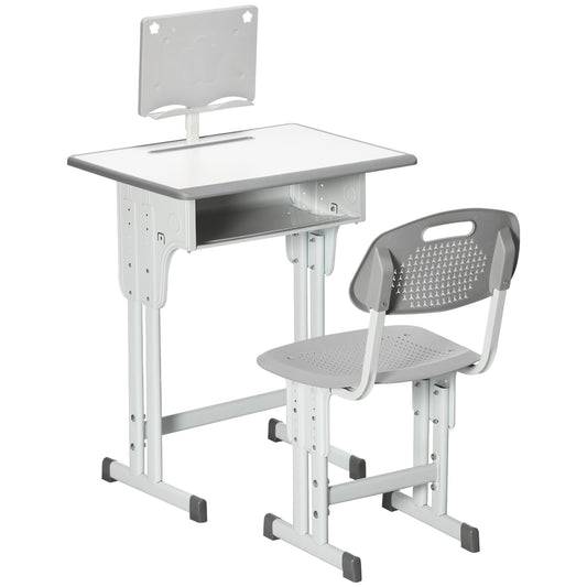 Kids Adjustable Desk and Chair Set, Book Stand, Pen Slot - Grey